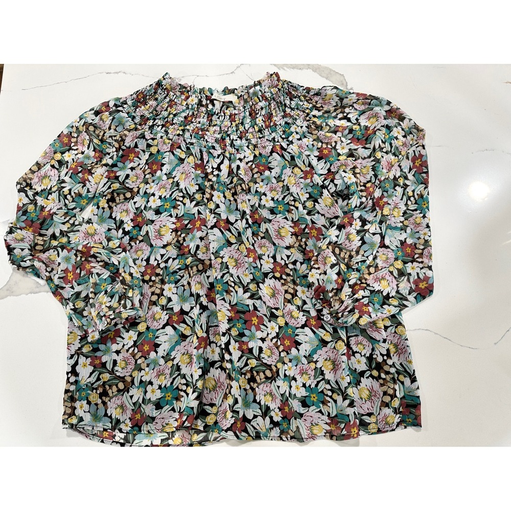 LOFT Floral Smocked Neck Blouse Multicolor Black‎ Size M Womens